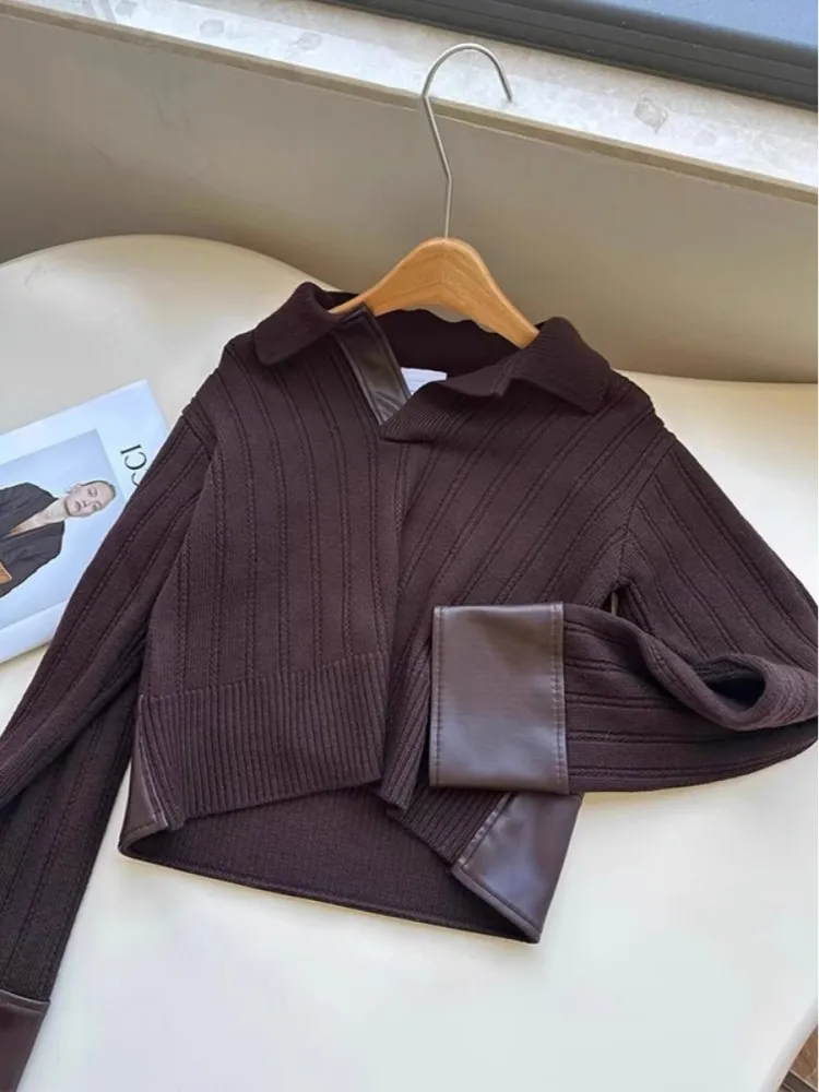 

Женский облегающий вязаный свитер-топ с отложным воротником, осенний, с дизайнерскими вставками, комфортный базовый слой