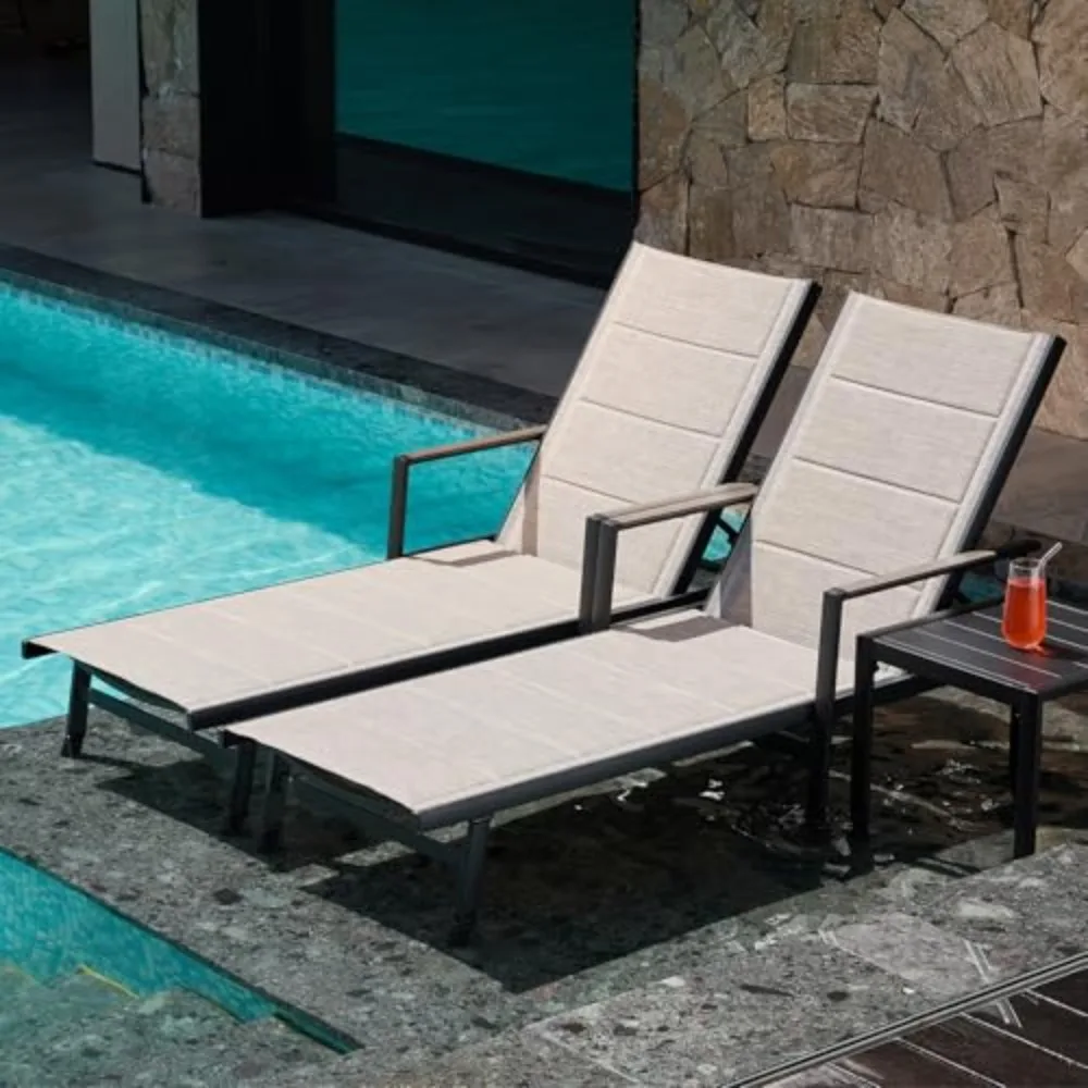 Outdoor Chaise Lounge Set of 2, Never-Rust Aluminum Patio Lounge Chairs with 3D Ultra-Thick Textilene, 6-Position
