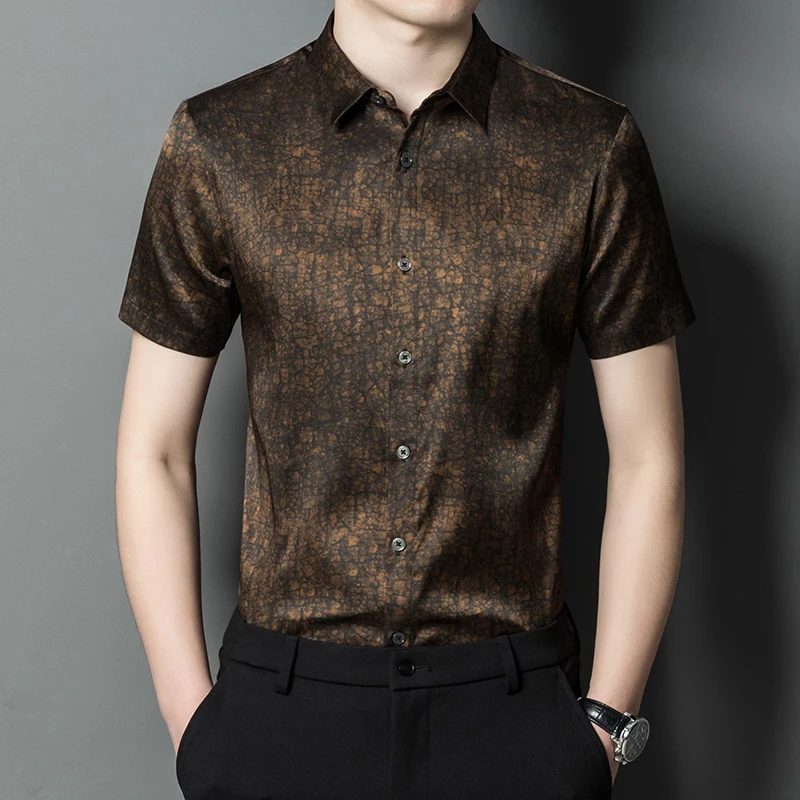 

HT3092 Gambiered Canton Gauze Shirts For Men Luxury Short Sleeve Summer Quality Silk Skin-Friendly Print Lapel Camisas De Hombre