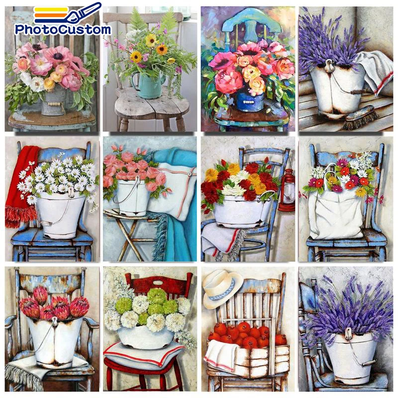 

PhotoCustom Painting By Numbers For Adults Chair Flowers Oil Painting By Numbers On Canvas DIY Handmade Gift Home Wall Decor Gif