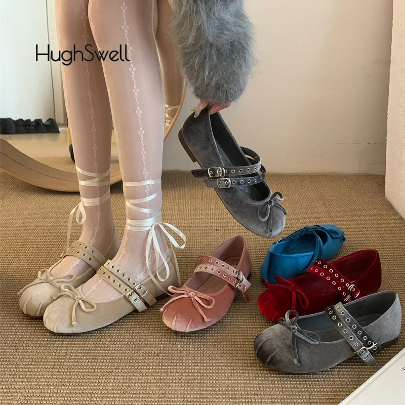 

Luxury Velvet Ballet Shoes Woman Classic Round Toe Bowtie Ballerina Flats Ladies Elegant Buckle Strap Velour Mary Jane Zapatos