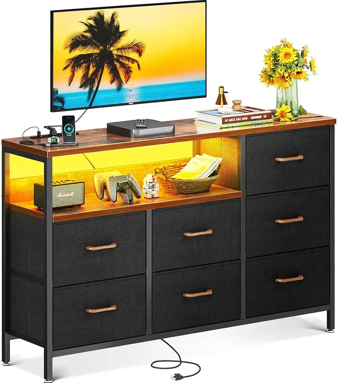 

Dresser with LED Lights and Power Outlet, 52-Inch Long Dresser TV Stand for Bedoom, Fabric TV Stand