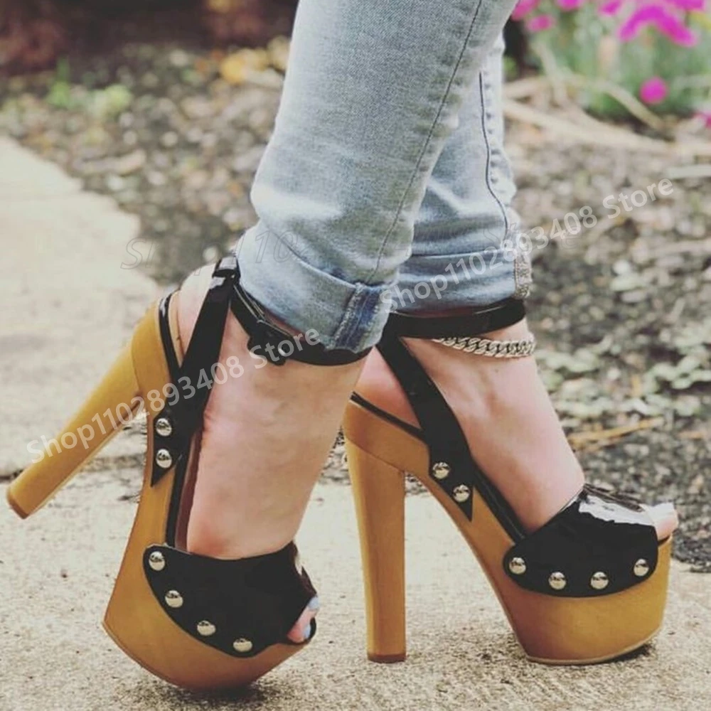 Black Shiny Leather Elegant Sandals Round Rivet Decor Chunky High Heel Platform Sexy Fashion Women Shoes 2025 Summer Para Mujere