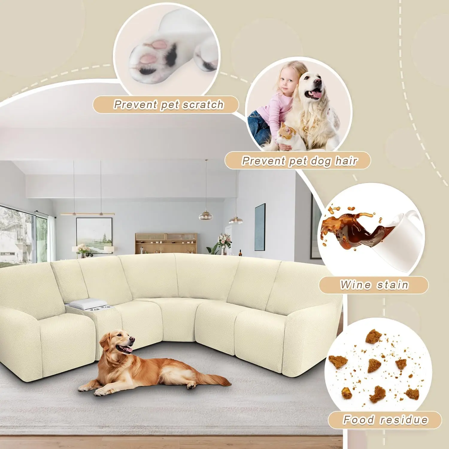 Housse de canapé sectionnelle inclinable et imperméable, extensible, en forme de L, lavable, protection pour chien de compagnie, 5 places, 1 Console, Beige