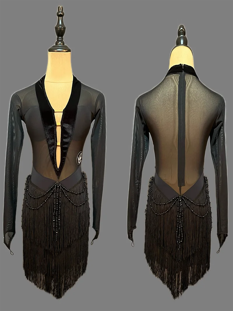 2026 High-End Latin Dance Competition Dress For Women Deep V Mesh Fringe Dress Adult Female Chacha Latin Dance Dress  XH4840