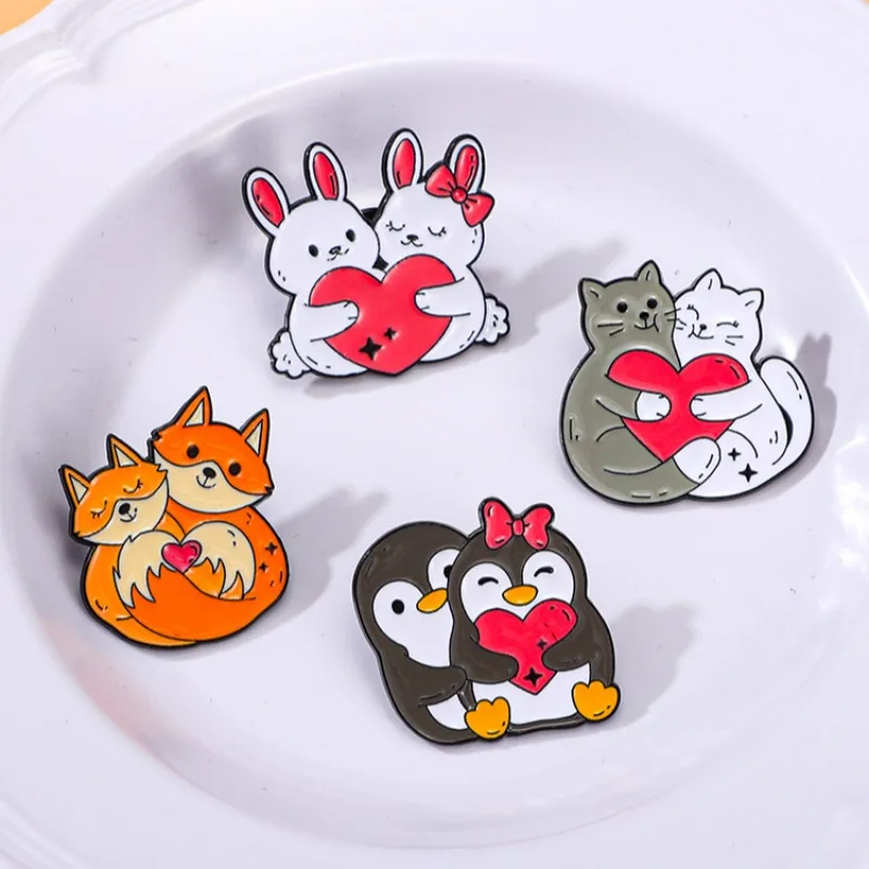 Cartoon Couple Animals Enamel Brooch Penguin Cat Rabbit Fox Heart Lovers Lapel Pin Badge Backpack Clothes Jewelry Accessories