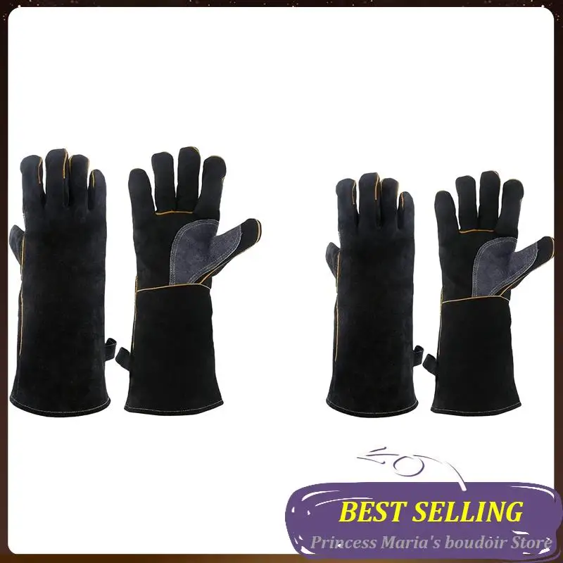 

AB30-2Pair Extreme Heat & Fire Resistant Gloves Leather With Stitching,Mitts Perfect Black 16 Inches & 14 Inches