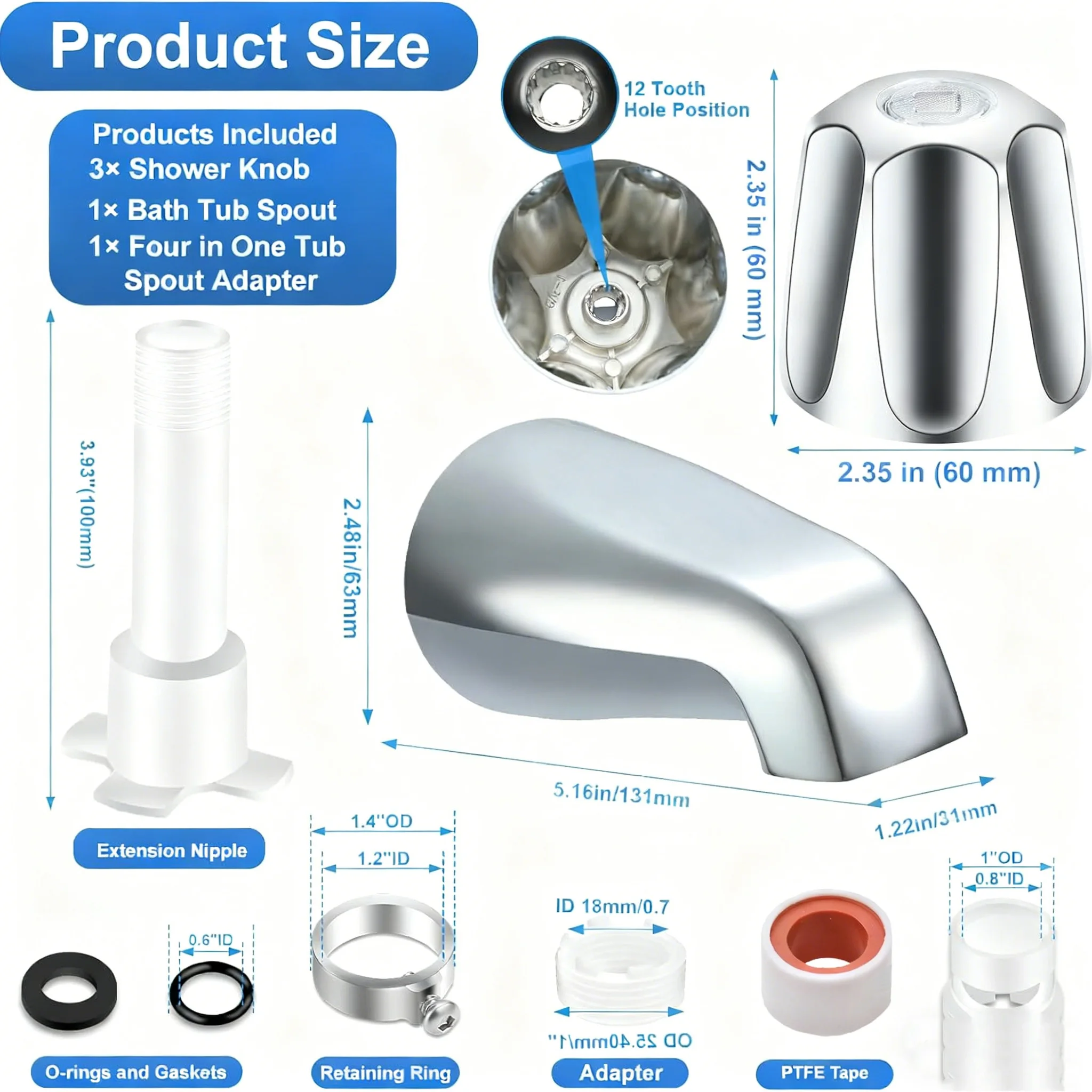 Shower Trim Kit 3 Piece Shower Knob and Tub Spout for 1/2