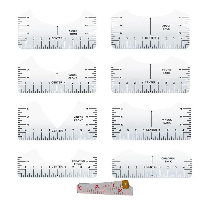 AEE2-9Pcs Tshirt Ruler Guide To Center Vinyl, Transparent V-Neck/Round PVC Ruler For Alignment, Heat Press