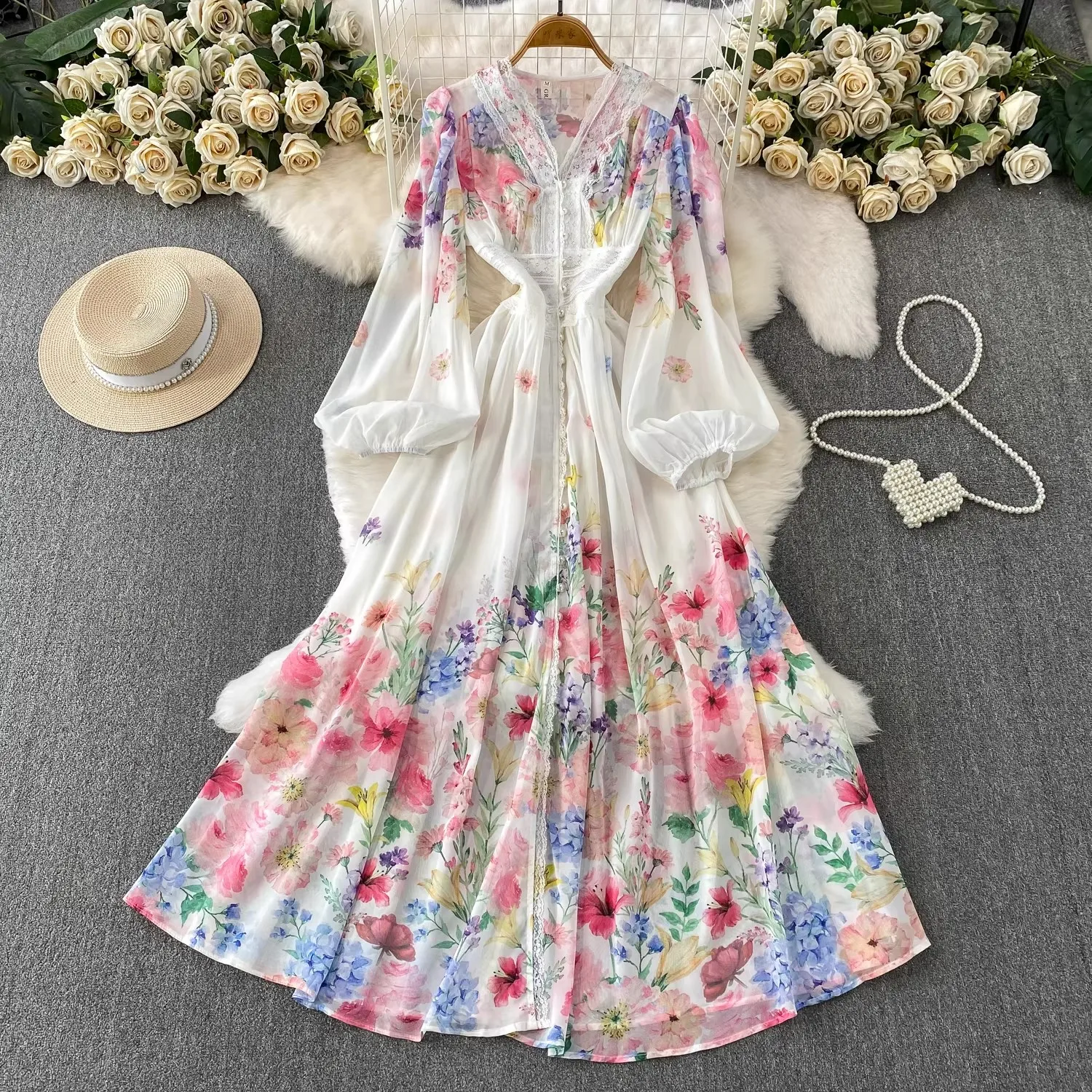 

Vintage Printed Chiffon Dress Women Sexy V-Neck Flare Sleeve Floral Party Dresses Ladies A-line Ruffles Autumn Elegant Long Robe