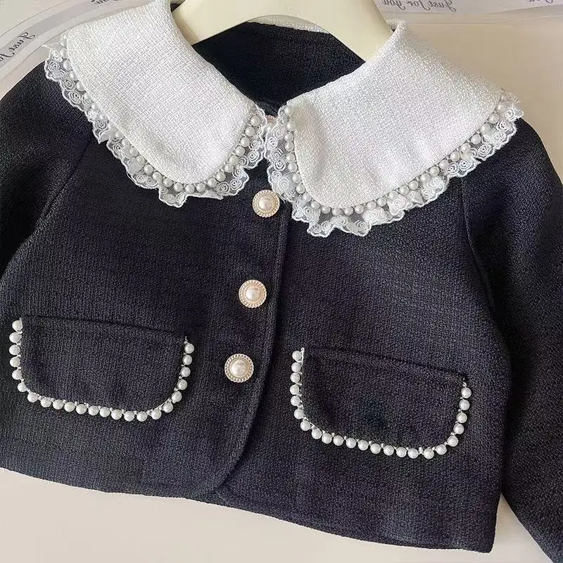 مجموعة ملابس الفتيات للربيع والخريف مجموعة جديدة معطف دانتيل بياقة للأطفال + تنورة قصيرة لطيفة مكونة من قطعتين ملابس أطفال