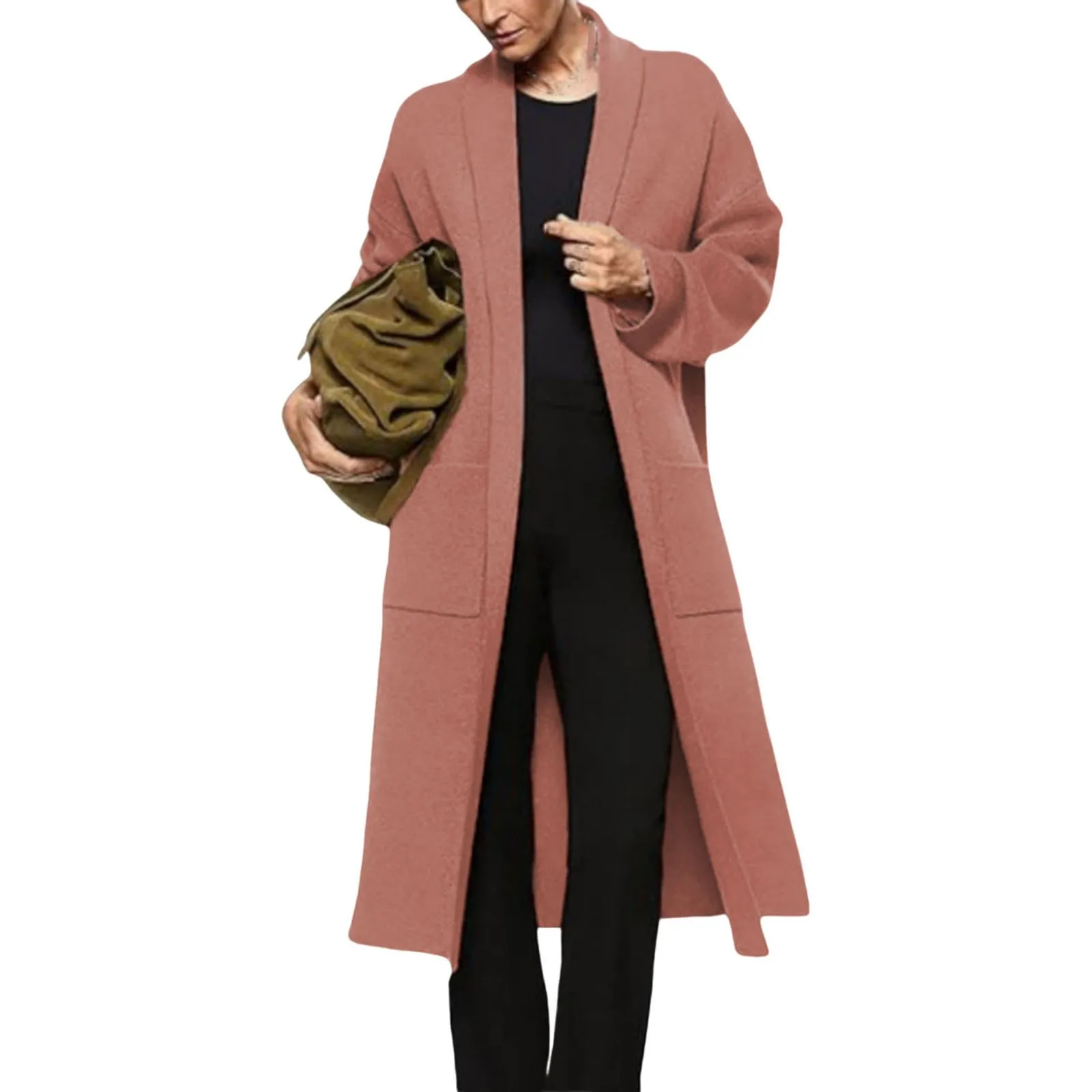 สตรีสีทึบลําลองแขนยาวฤดูใบไม้ร่วงและฤดูหนาวยาวเสื้อสเวตเตอร์ถัก Cross-Border หลวมเสื้อกันหนาวขนาดใหญ่