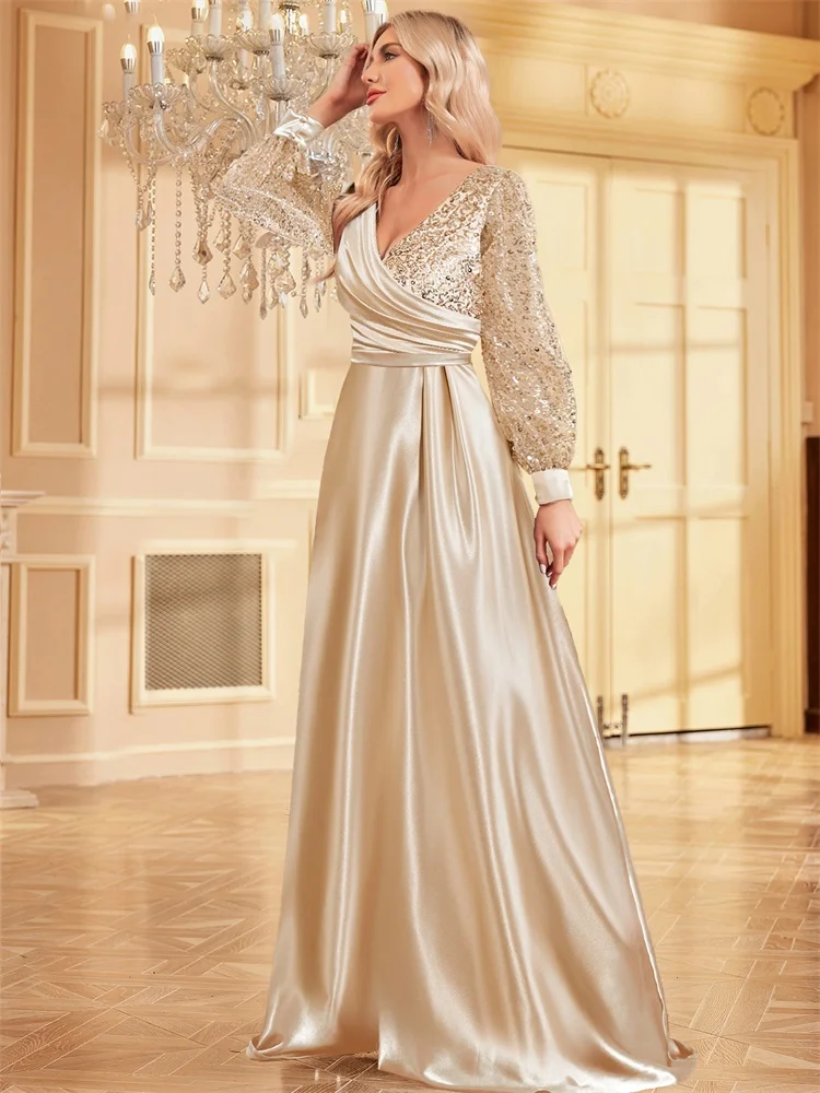 Lucyinlove PLUS ขนาด Luxury Gold V คอ Sequins FormaL ชุดราตรีผู้หญิง Elegant PARTY Maxi แขนยาวค็อกเทล Gowns