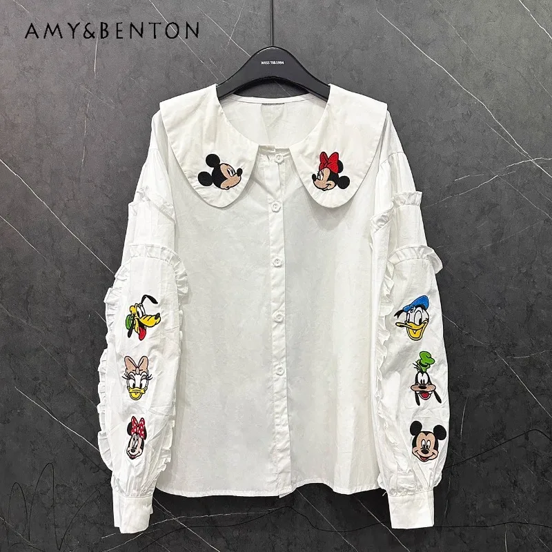 

Fashion Cartoon Design Doll Collar Long-sleeved White Shirt Kawaii Clothes Women's Loose Casual Versatile Age-reducing Blouse