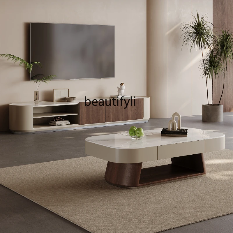 

Italian minimalist microcrystalline stone coffee table TV cabinet combination rectangular wabi sabi wind home