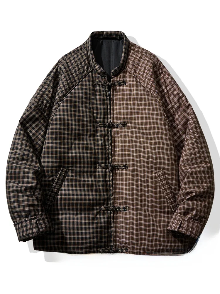 

Retro Splicing Button down Du down Jaet Men's Women's Loose Casual 90 White Du Feather Warm Outerwear