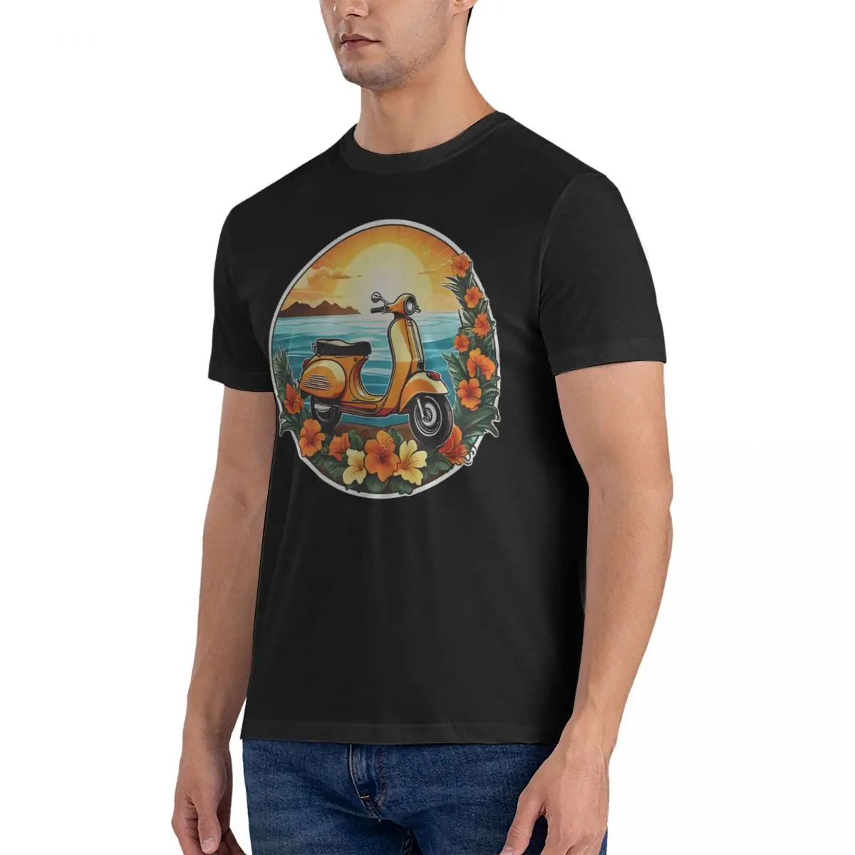 Vintage At Sunset By The Ocean With Hawaii Orchids Men's T Shirt motorbike Funny Tees Short Sleeve Round Neck Gift Idea Clothing