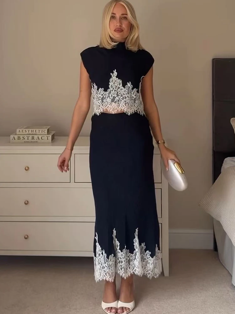New Women 2 Piece Set Lace Patchwork Solid Slim Bodycon Street Style Sleeveless Tops And Midi Skirts Female Elegant Chic Suit image 5