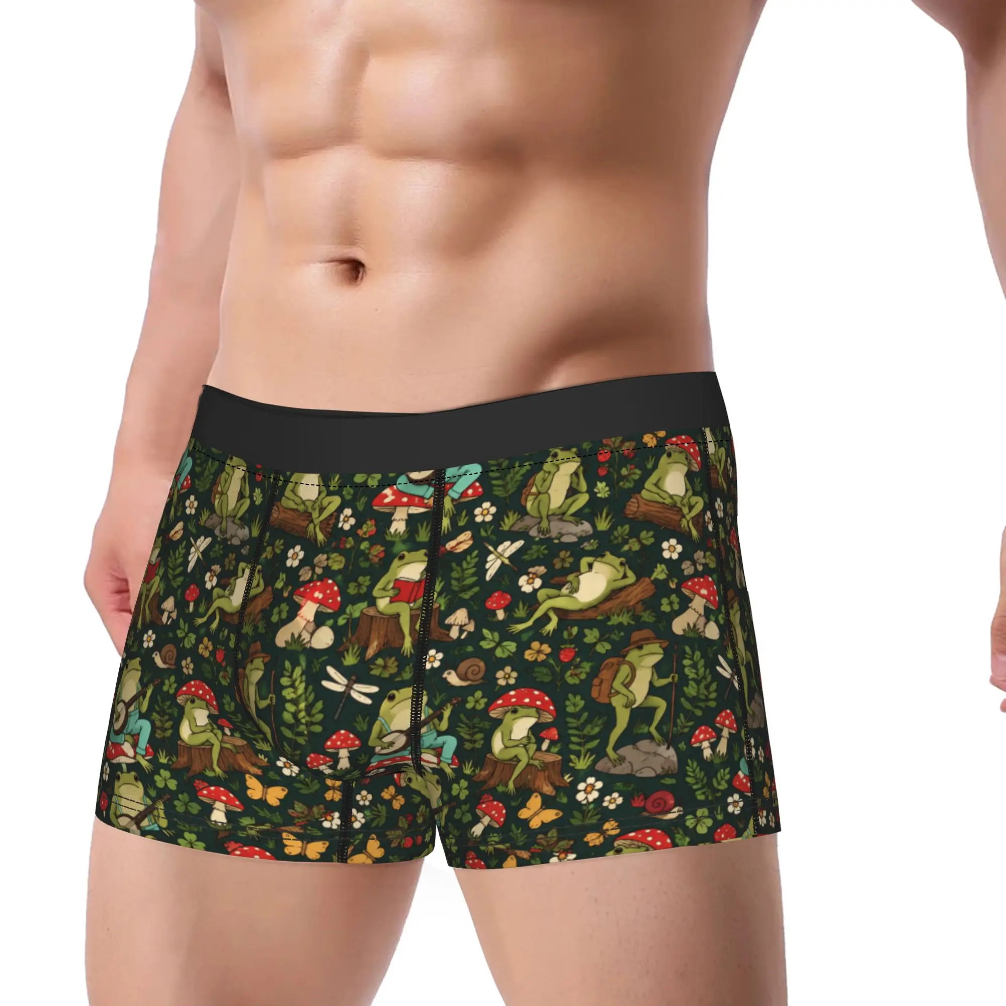 Cute Cottagecore  Frog Playing Banjo on Mushroom Trunk  3D Pouch Underwear Trenky Printed Boxer Brief Classic Man Underpants