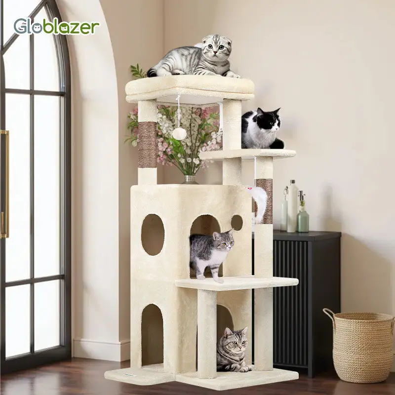 Multi-level, space-saving, all-season indoor cat tree with enclosed large cat bed and jute scratching post