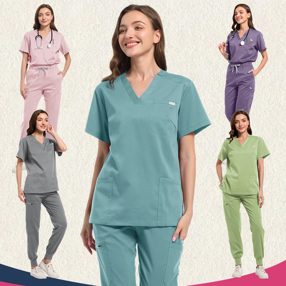 multicolor-surgical-suit-nurse-scrub-set-clinical-medical-doctor-nursing-uniforms-short-sleevev-neck-tops-pocket-pants-workwear