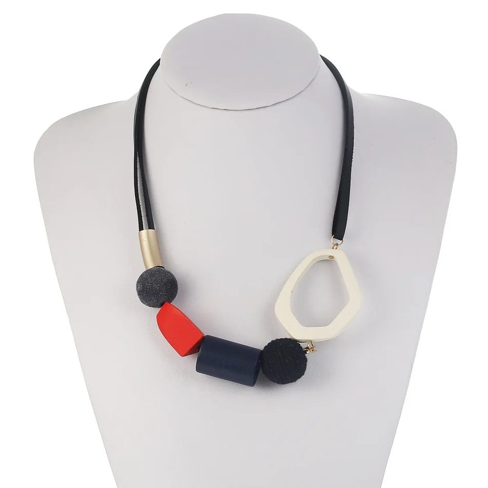 Vintage geometric wood bead necklace, fashionable versatile pom-pom pendant, necklace jewelry, women's leather chain, handmade c
