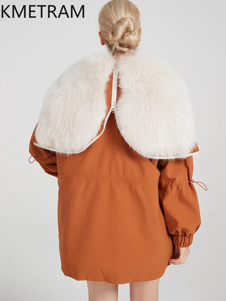 KMETRAM ملابس بطانة من فراء أرنب ريكس الطبيعي للنساء بياقة من فرو الثعلب سترة متوسطة الطول معاطف شتوية دافئة من الفرو لعام 2025