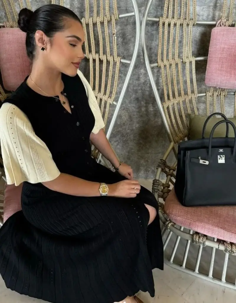 Elegant Knitted Single Breasted Midi Dress Women's Patchwork Dresses Female 2025 Summer Robe New Black Beige Robes Evening Party image 3
