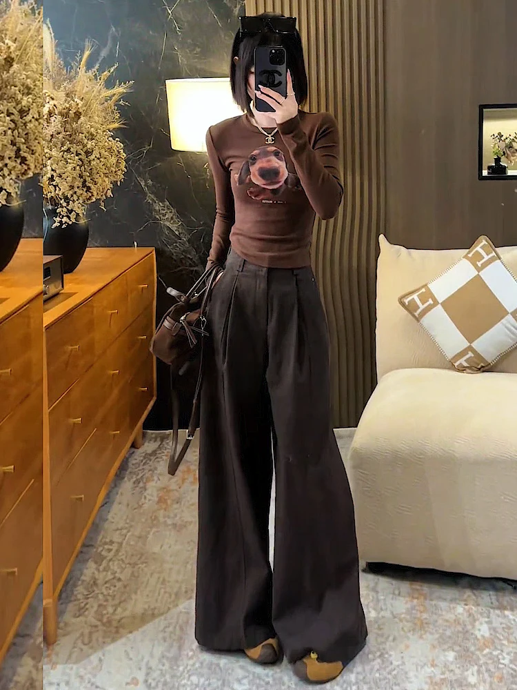 

Slim Fit Long Sleeve T-Shirt High Waist Wide Leg Pants Women's Fashion Two-Piece Set Spring 2026 Casual Sportswear Ensemble