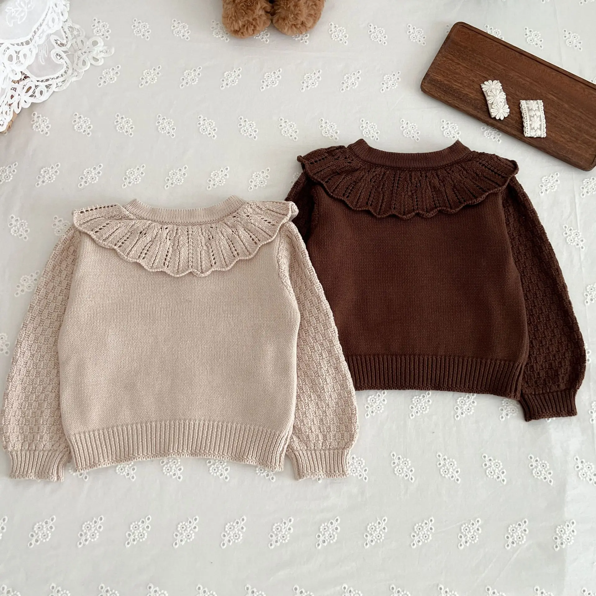 Autumn Baby Girls Cotton Yarn Doll Collar Knitted Cardigan Versatile and Stylish Children's Cotton Jacket for Infants Sweater