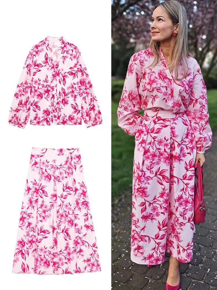HH Women Pink Floral Print Blouse Skirt Suit Long Sleeves Shirts Back Zipper High Waist Skirts Woman Sweet Streetwear Sets