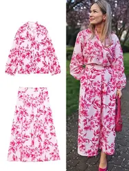 HH Women Pink Floral Print Blouse Skirt Suit Long Sleeves Shirts Back Zipper High Waist Skirts Woman Sweet Streetwear Sets