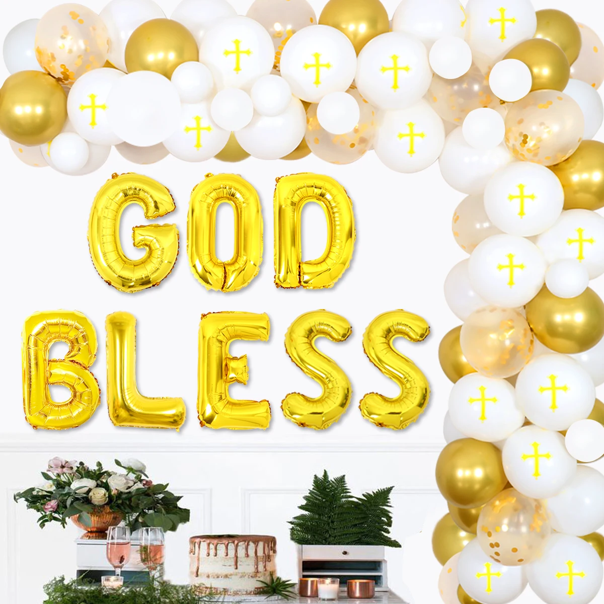 

Sursurprise-God Bless Christmas Party Decorations, Gold Balloon, Garland Arch Kit, Baptism Confirmation, Party Decor Supplies