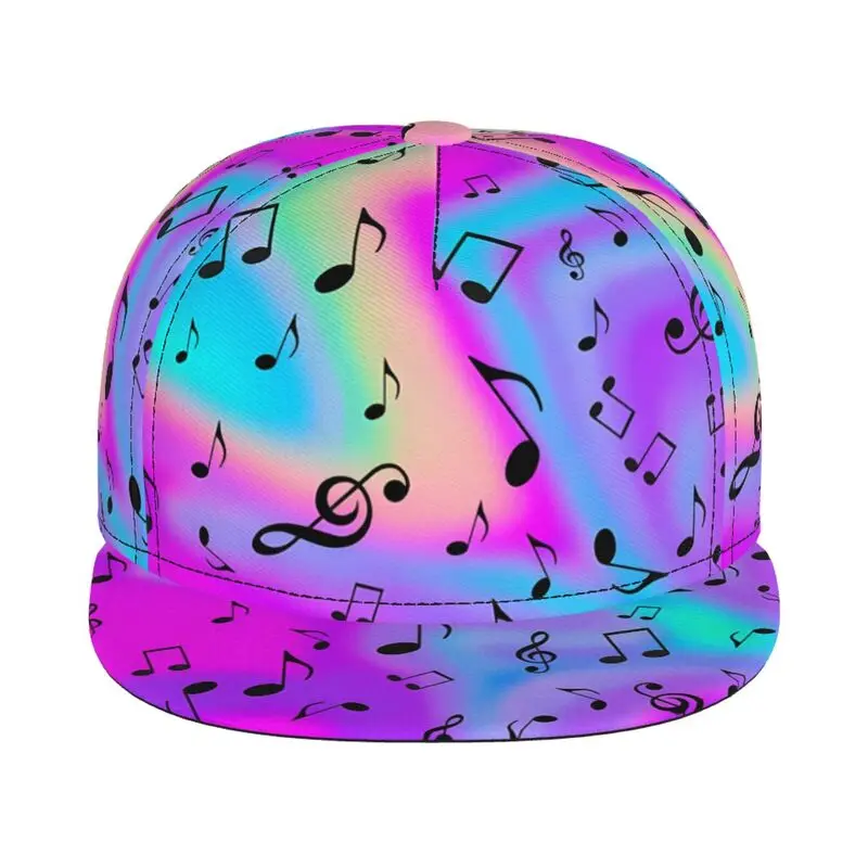 Bunte Regenbogen-Farbverlauf-Musiknoten-Snapback-Kappe, Hip-Hop-Baseballkappe mit flachem Schirm für Männer und Frauen, Musikfestival, Streetwear, verstellbar – Detail 2