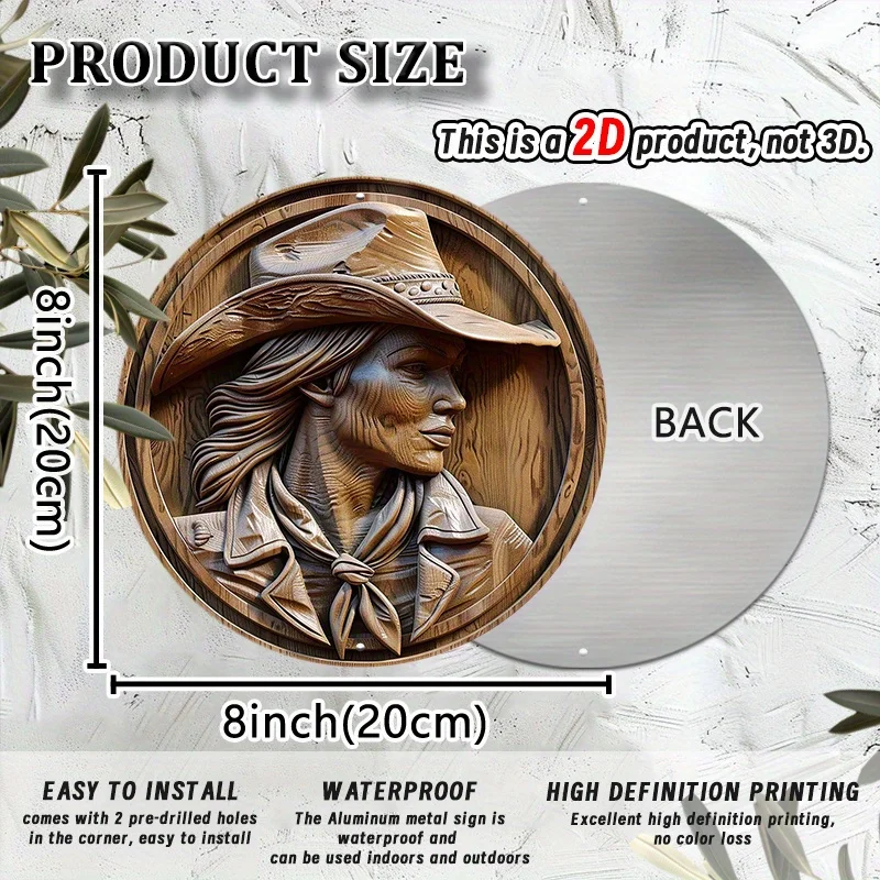 2D Wood Relief Cowgirl Portrait Round Metal Tin Sign 20x20cm Western Hat Bandana Iron Plaque Ranch Farmhouse Wall Decor