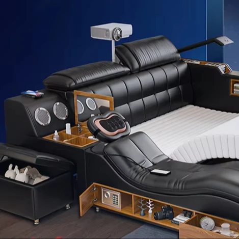 

Modern Simple Leather Queen Double Bed Tatami Bed With Smart Multifunctional Electric Massage Feature Master Bedroom Wedding Bed