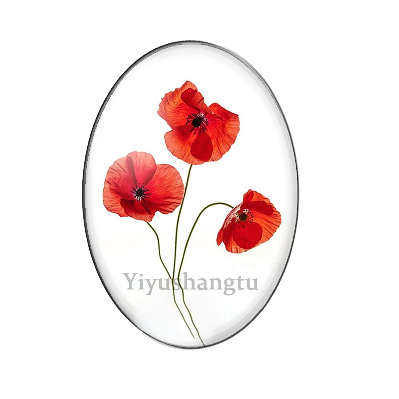 Fashion flowers red poppy pattern 13x18mm/18x25mm/30x40mm Oval photo glass cabochon demo flat back Making findings