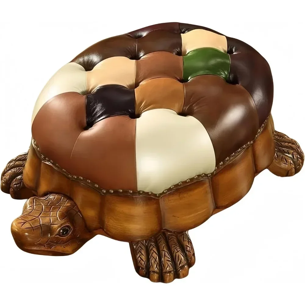 Wood Ottoman Footstool,Sofa Stool，Leather Upholstered Vintage Turtle Footrest Stool with Wheels (Multi-Colored)