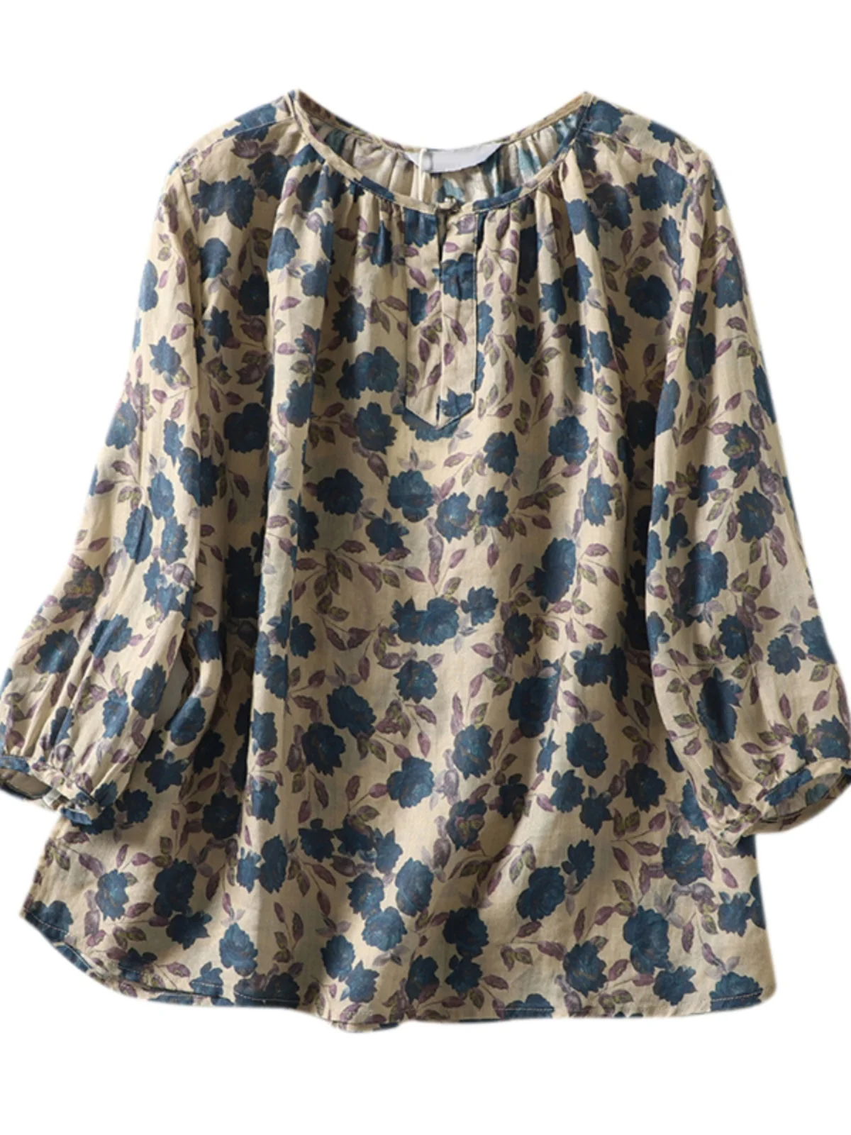 Retro Print Cotton Lin Doll Shirt Women's Loose Slim Fit Overhead Shirt Long Sleeve round Neck Commute Style Casual Shirt