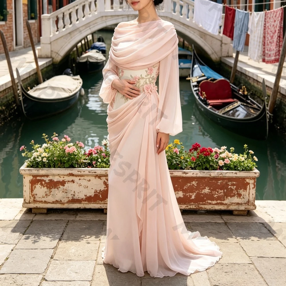 Customized Romantic Chiffon Muslim Evening Dresses 2026 Elegant Long Sleeves Flower Stickers Formal Gown Suitable for Parties