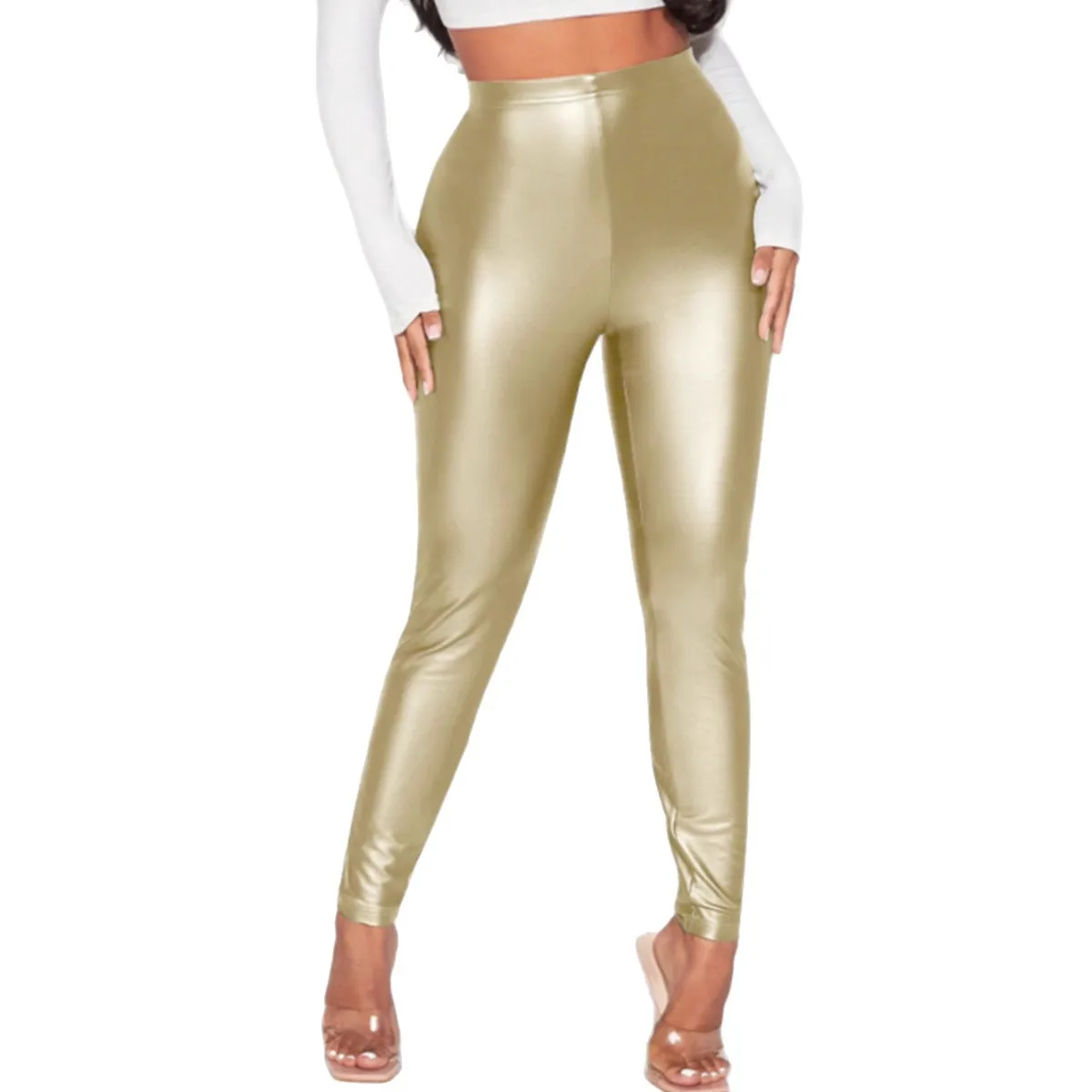 

Сексуальные облегающие эластичные леггинсы металлического цвета с запахом бедер для женщин