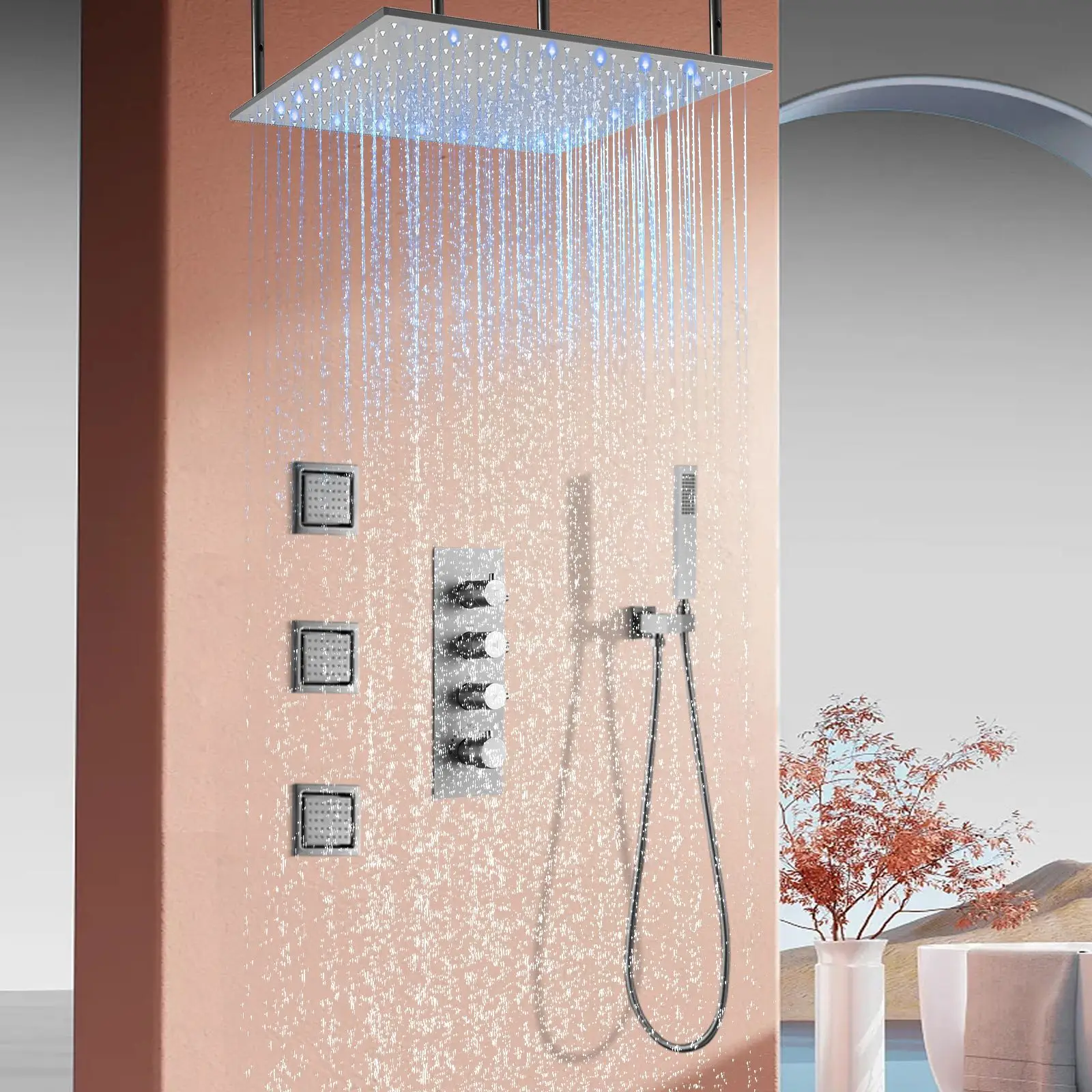 Stainless steel oversized LED ceiling spray spray shower system with concealed temperature control for bathroom ceiling