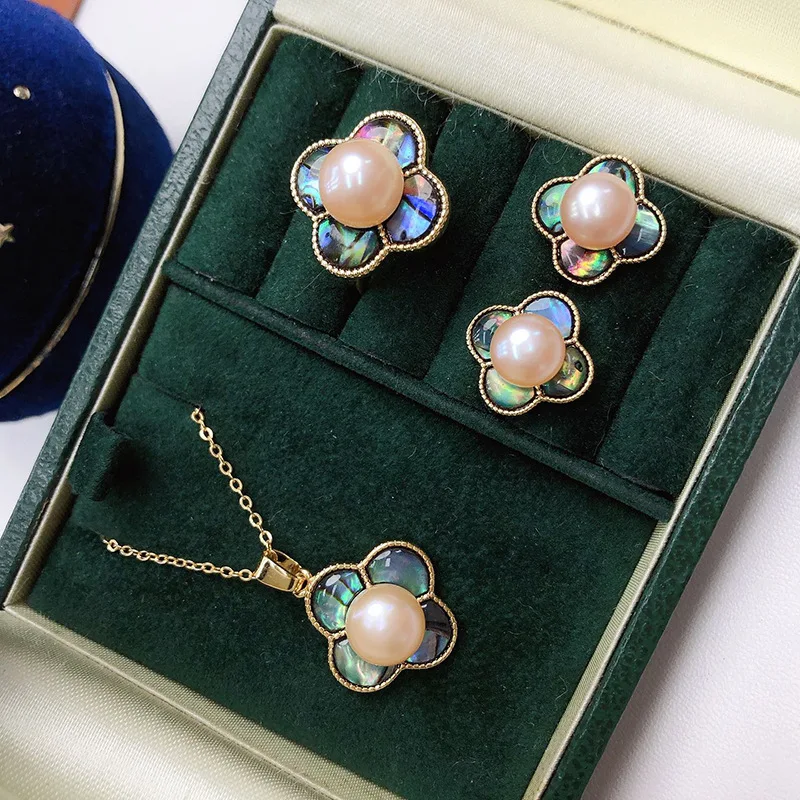 

Freshwater Pearl Three-Piece Wholesale Pendant Earrings Ring Set Versatile Exquisite Fashionable Colorful Abalone Shell Jewe