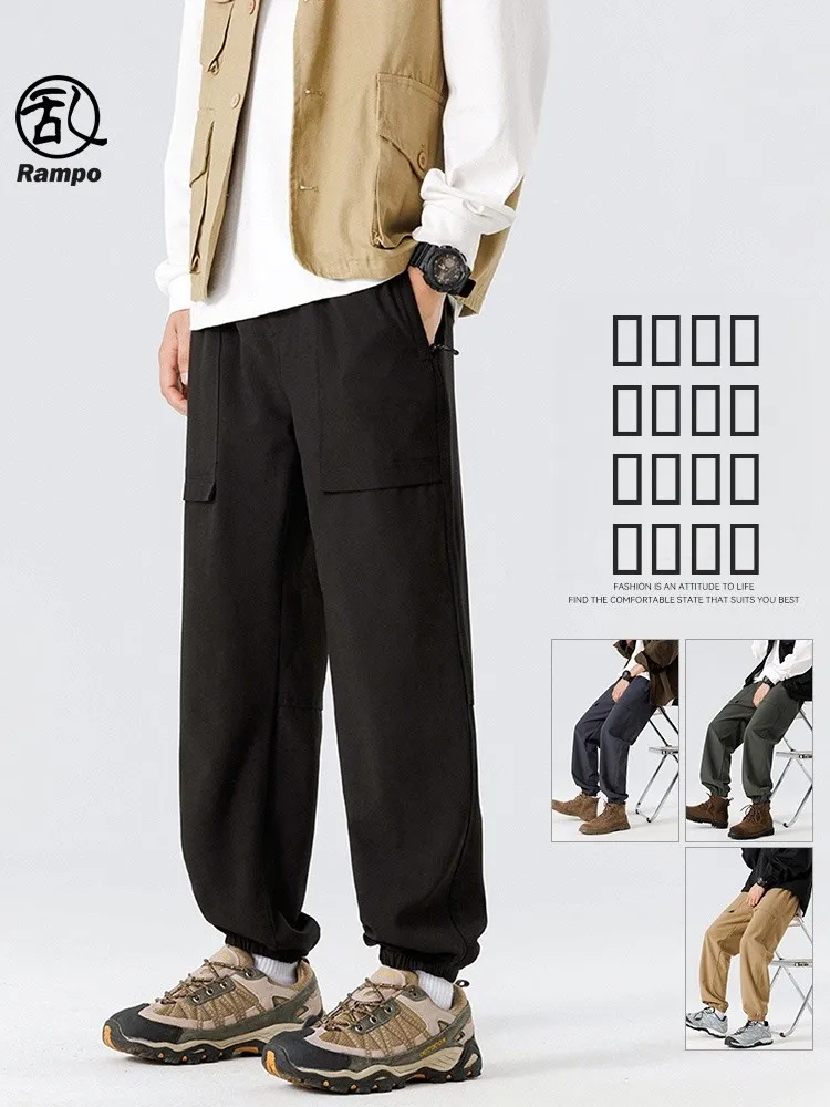 

Outdoor Men's Workwear Trousers Autumn New Loose Fit Sports Cargo Pants Elastic Waist Long Straight Leg Basic Color