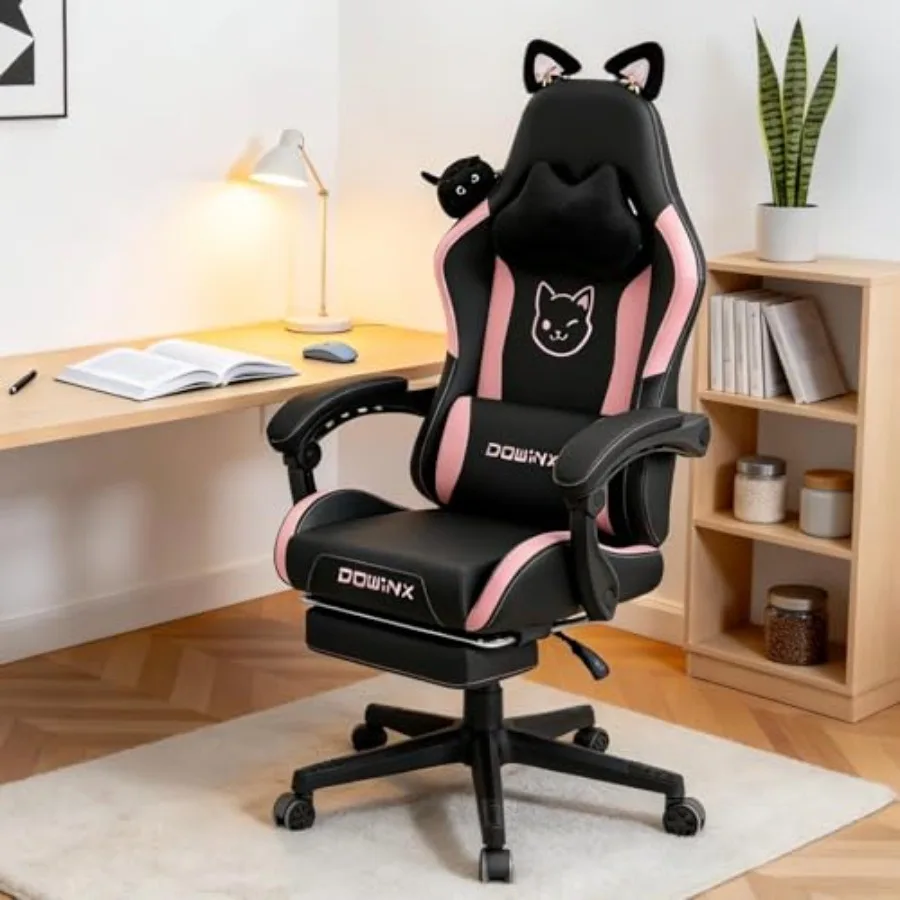

Игровое кресло с милыми кошачьими ушками и массажной поясничной поддержкой, эргономичное компьютерное кресло для девочек с подставкой для ног и подголовником для комфорта