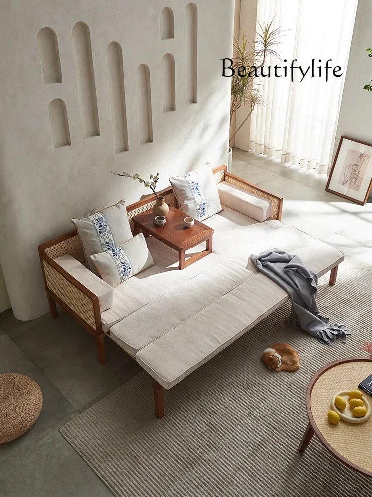

Rattan sofa living room solid wood Arhat bed new Chinese ash wood pull retractable sleep collapse