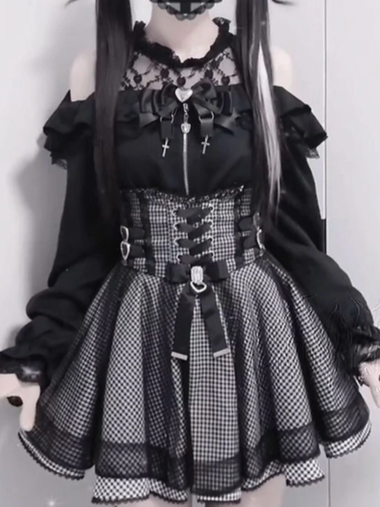 

Japanese Gothic Lolita 2 Piece Set Women Y2k Lace Bow Off Shoulder Blouse Plaid High Waist Skirt Autumn Fashion Slim JK Outfits