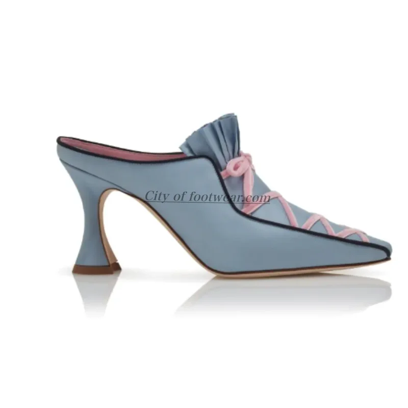 2026 New in Baby blue/pink Women's lace up bow mules silk high heels luxury designer party elegant shoes view 3