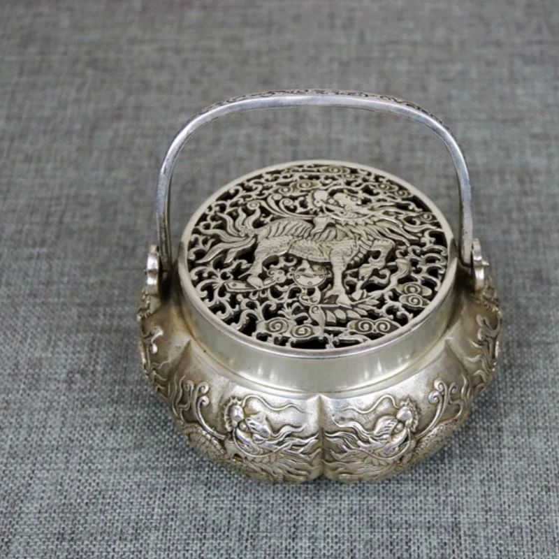 Antique Copper Gilded Silver Exquisite Relief Kirin Incense Burner Warm Hand Stove Folk Art Collection Crafts