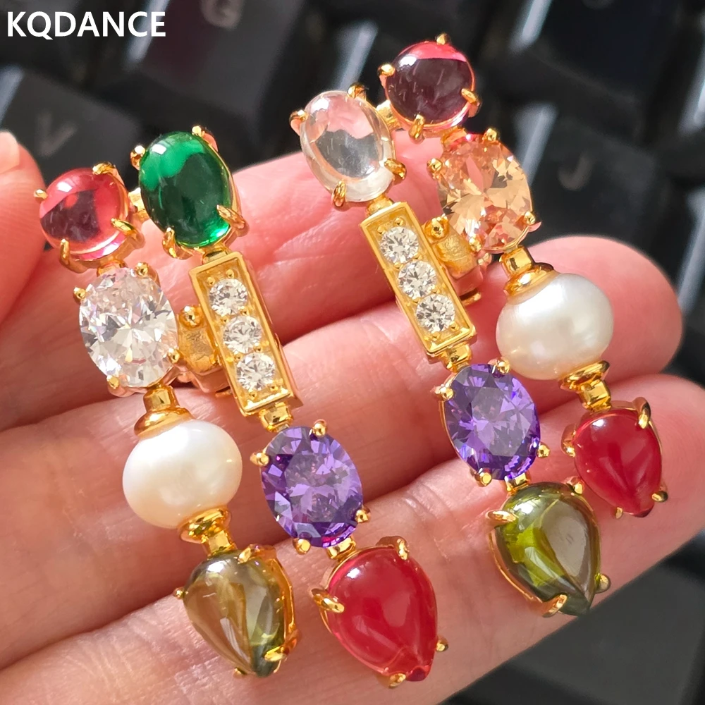 

KQDANCE Luxury New Natural Freshwater Pearl Lab Multi Colored Gemstone Drop Earrings Pure 925 Silver Women's Party Fine Jewelry